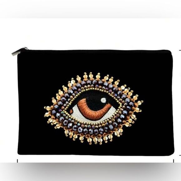 Anthropologie Handbags - Embroidered Eye Design Black Clutch W1